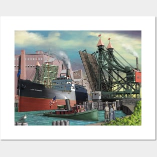 Lake Freighter Passing Through Buffalo Jackknife Bridge Posters and Art